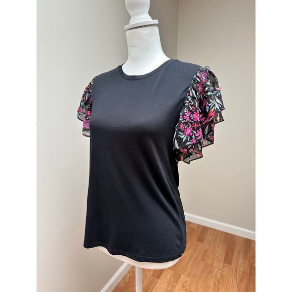 Generation Love Flutter Sleeve Tee Shirt Black Floral size Small - Picture 5 of 7